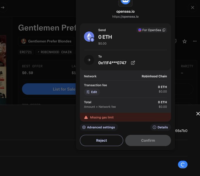 OpenSea wallet screenshot showing a transaction attempting to send 0 ETH with a 'Missing gas limit' error on the Robinhood Chain network.