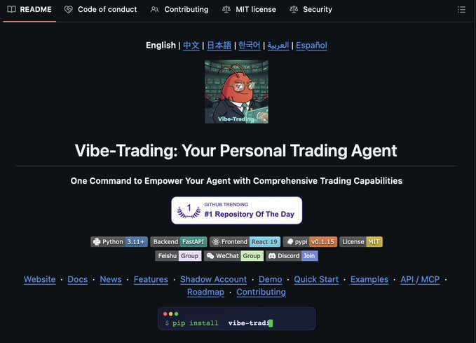 A GitHub repository page for "Vibe-Trading: Your Personal Trading Agent," showing it as a GitHub Trending #1 Repository Of The Day, built with Python 3.11+, FastAPI, and React 19.