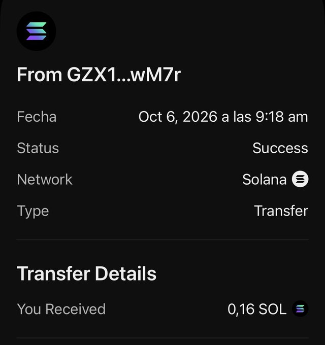 A successful Solana network transfer receipt showing a received amount of 0.16 SOL from wallet address GZX1...wM7r on October 6, 2026.