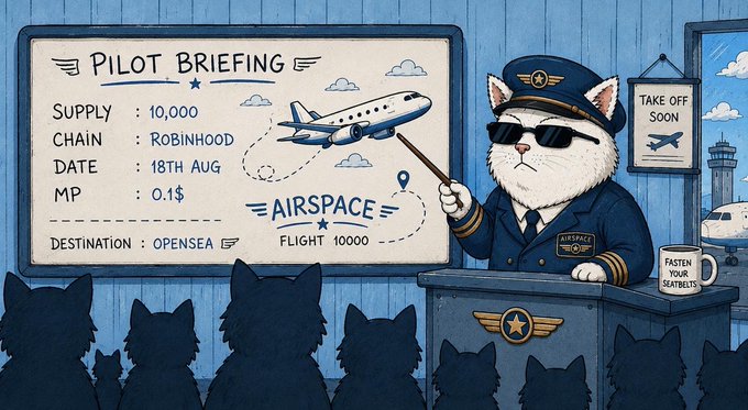 An illustrated cartoon shows a cat dressed as a pilot giving a briefing to other cats, with a whiteboard displaying "PILOT BRIEFING," supply 10,000, chain Robinhood, date 18th Aug, MP 0.1$, destination OpenSea, and "AIRSPACE FLIGHT 10000."