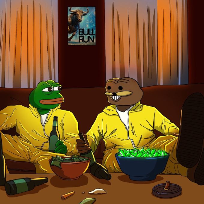 Two meme characters—one resembling Pepe the Frog and another bear-like figure—relax in yellow tracksuits on a couch surrounded by snacks, beer bottles, and a smoking bowl, with a "BULL RUN" poster on the wall behind them, evoking the OG meme culture being highlighted as the foundation for new memecoins like $SPURDO on Robinhood Chain.
