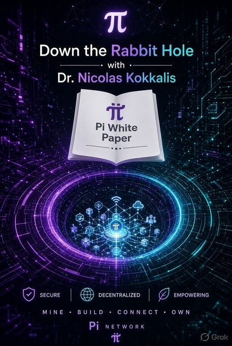 A promotional graphic for Pi Network titled 'Down the Rabbit Hole with Dr. Nicolas Kokkalis' featuring the Pi White Paper and slogans 'SECURE', 'DECENTRALIZED', 'EMPOWERING' and 'MINE • BUILD • CONNECT • OWN'.