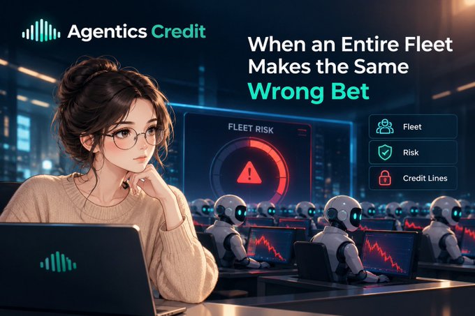 The image shows an illustrated woman with glasses looking concerned at a laptop displaying a "FLEET RISK" warning with a red exclamation alert, alongside rows of small AI robot figures at trading screens showing declining charts, under the "Agentics Credit" logo. The headline reads "When an Entire Fleet Makes the Same Wrong Bet," visually reinforcing the post's warning about correlated AI agent failures by contrasting a single thoughtful human observer with an army of identically-positioned autonomous traders all making the same losing bet.