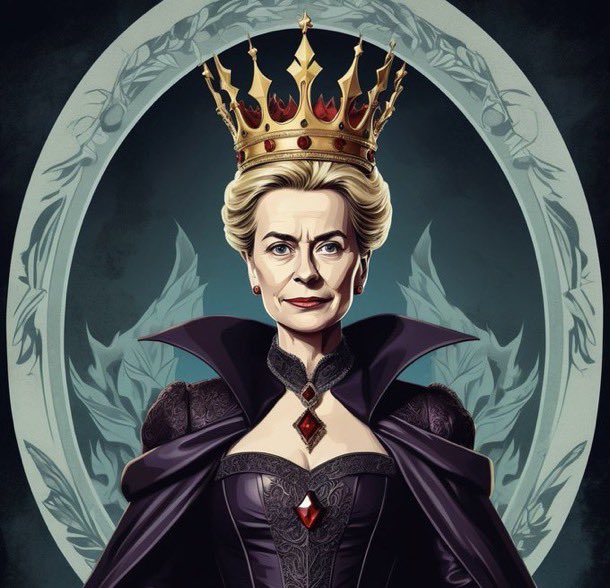 A digital illustration of a stern-looking blonde woman wearing an ornate gold crown and a dark purple gown with red gemstones, set within a decorative oval frame.