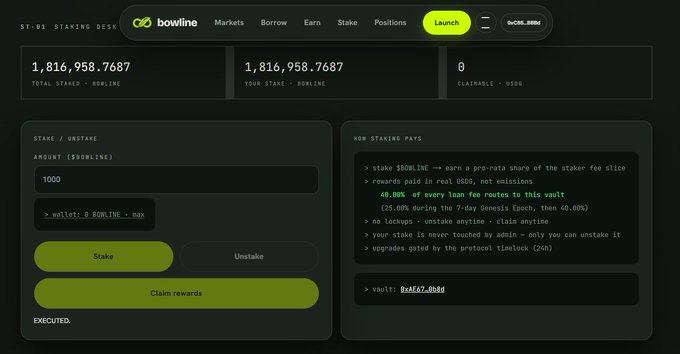 A screenshot of the Bowline "ST-01 STAKING DESK" interface showing a total stake and user balance of 1,816,958.7687 $BOWLINE, with a staking panel displaying a 1000 BOWLINE stake input and a "Claim rewards" button confirming "EXECUTED." The interface directly supports the post's announcement of live $BOWLINE staking, highlighting the 40% fee distribution to stakers, no lockups, and claim-anytime features on bowline.cc.