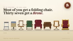 An advertisement or infographic titled 'Most of you get a folding chair. Thirty seven get a throne.' featuring illustrations of seven different chairs arranged in a row.