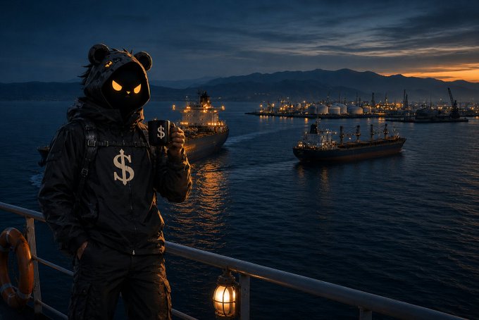 A masked figure in a black hoodie and tactical gear featuring dollar signs holds a mug by a ship's railing at dusk, with cargo vessels and a port city illuminated in the background. The nautical setting and figure's dollar-sign attire visually reinforce the post's commentary on maritime shipping infrastructure and the financial value of connecting scattered maritime data through SeaVerity.