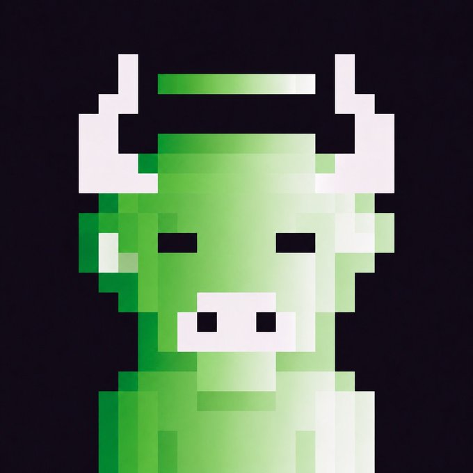 A pixel art illustration depicts a green cow or bull character with white horns and a pink snout against a dark background.