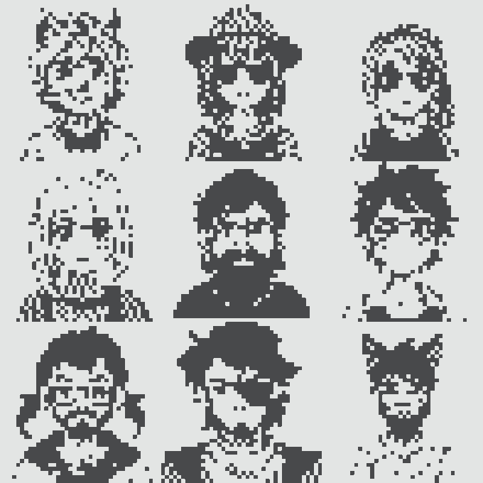 A collection of nine pixelated/black-and-white portrait icons arranged in a 3x3 grid, showing various character faces in a retro art style.