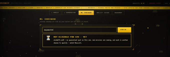 A dark-themed website interface for ZECOIT Pixelmint Arcade, showing an 'EL CHECKER' tool with the username 'maysmaster' entered, returning a message that they are 'NOT ELIGIBLE FOR GTO - VET'.