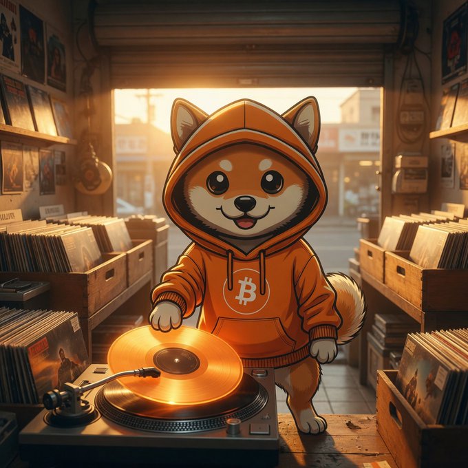 An AI-generated illustration of an anthropomorphic Shiba Inu dog wearing an orange Bitcoin-themed hoodie, DJing with a vinyl record in a record shop.