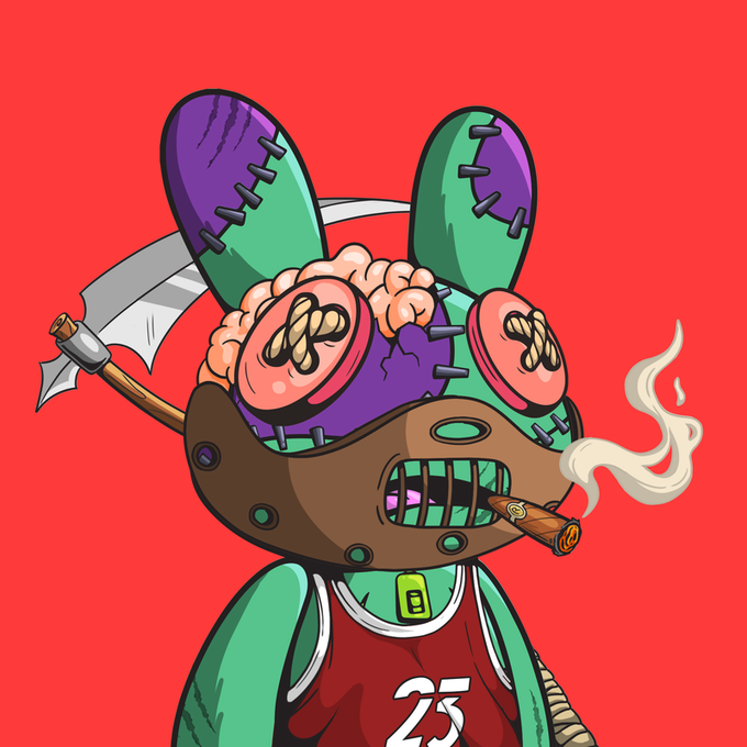 A cartoon illustration of a stitched-together green bunny-like character wearing a hockey mask, red jersey with number 23, smoking a cigar, with a scythe behind it against a red background.