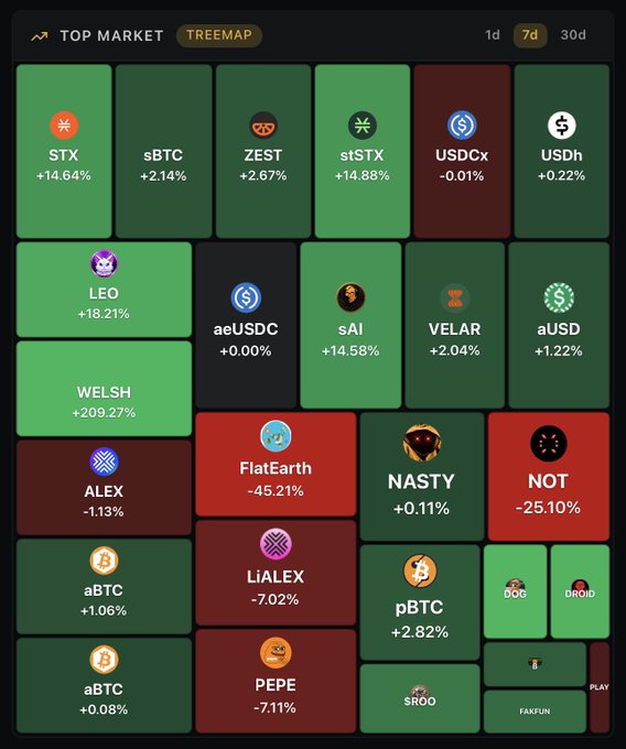 A "TREEMAP" view of the top market showing cryptocurrency tickers with 7-day price changes, highlighting notable movers like WELSH (+209.27%), LEO (+18.21%), STX (+14.64%), and FlatEarth (-45.21%), which directly illustrates the post's discussion of buying BTC, STX, and memecoins like LEO, WELSH, and PEPE.