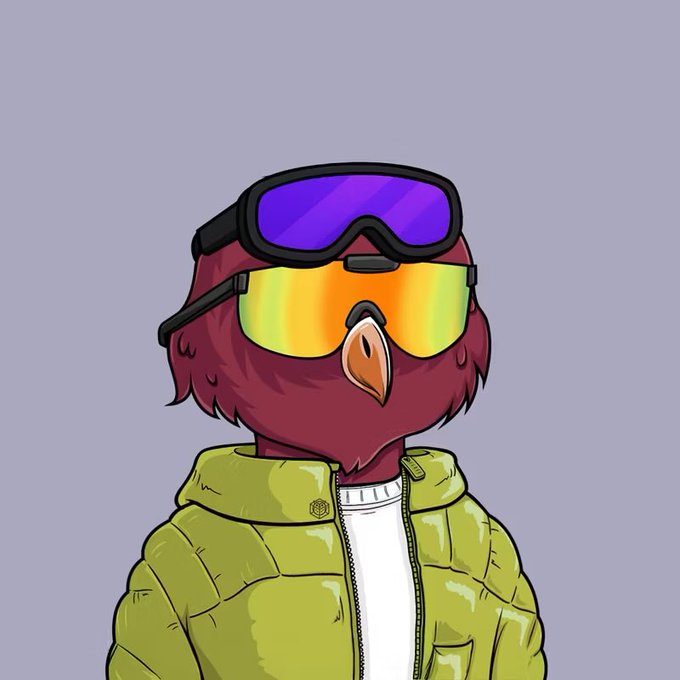 An illustrated character of a red bird-like figure wearing purple goggles and rainbow-tinted sunglasses, dressed in a green puffer jacket over a white shirt.