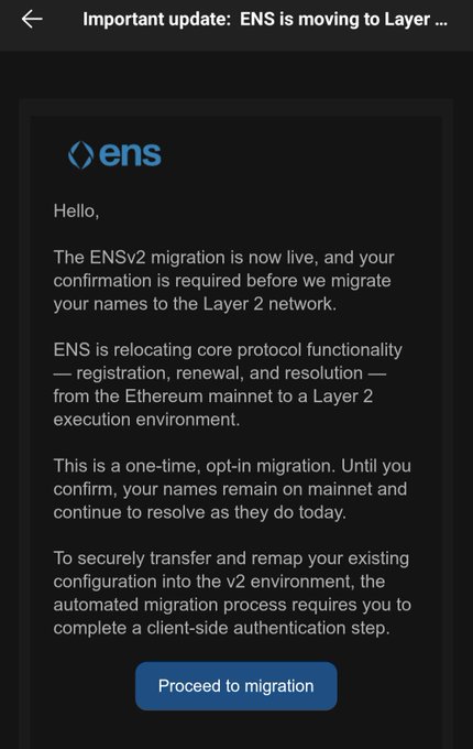 A mobile screenshot of an ENS email notification titled "Important update: ENS is moving to Layer..." explaining the ENSv2 migration to a Layer 2 network, with a blue "Proceed to migration" button at the bottom.