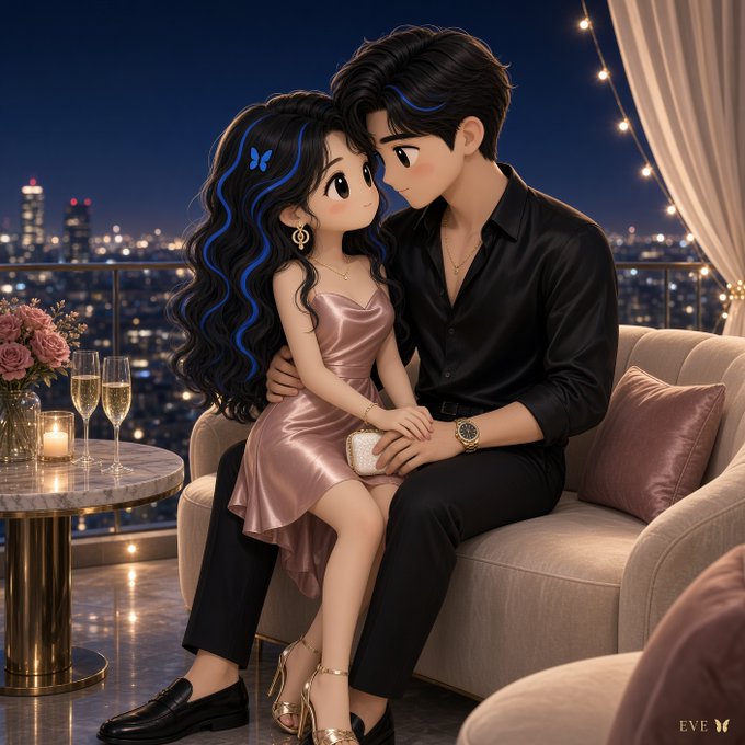 A 3D-style animated illustration shows a young woman in a pink satin dress and a young man in a black shirt sitting intimately together on a couch overlooking a city skyline at night.
