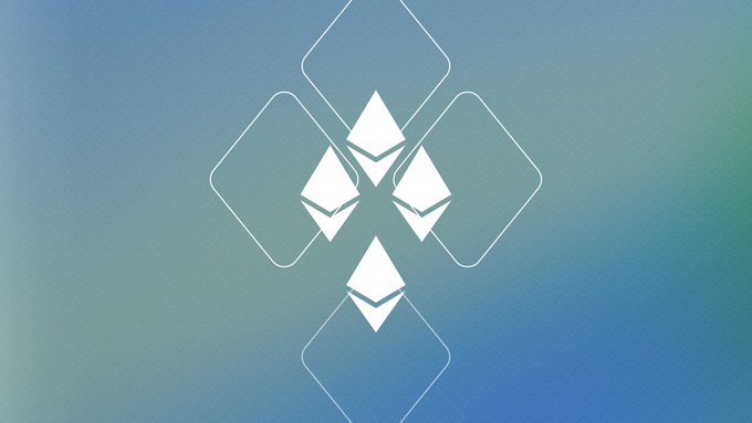 A minimalist logo design featuring four white diamond-shaped Ethereum symbols arranged in a cross pattern within outlined diamond shapes, set against a soft blue-teal gradient background.