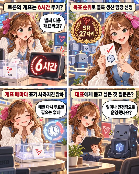 A four-panel Korean-language cartoon illustration features an anime-style girl discussing cryptocurrency airdrop topics including '6시간' (6 hours), 'SR 27자리' (SR 27 characters), and '매번 다시 투표할 필요는 없네!' (no need to vote every time).