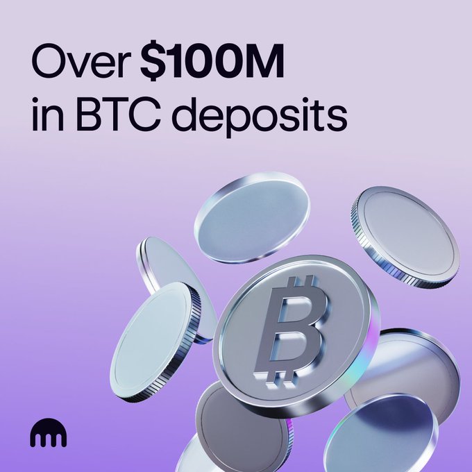 The image features a collection of coins scattered around in all directions, with some appearing as little balls or circles. The backdrop is purple, which provides a vibrant contrast to the assortment of coins below. In the foreground, there's a single coin that has a B on it and is positioned centrally within the image. Above this central coin, a text reads "Over $100M in BTC deposits in Btc deposits". This text emphasizes the significant amount being invested in Bitcoin. The overall atmosphere suggests a sense of excitement or anticipation as people look forward to potentially profiting from these cryptocurrency transactions.