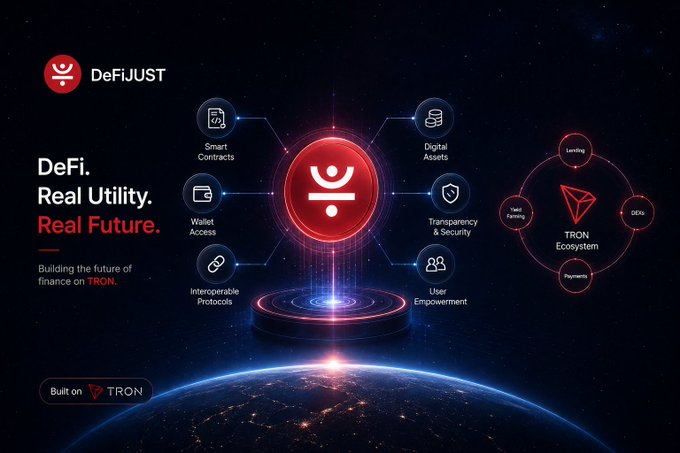 A promotional graphic for "DeFiJUST" highlighting its role within the TRON ecosystem, featuring a central logo surrounded by features like Smart Contracts, Digital Assets, Wallet Access, Interoperable Protocols, Transparency & Security, and User Empowerment, with a "Built on TRON" badge. The tagline reads "DeFi. Real Utility. Real Future.—Building the future of finance on TRON," reinforcing the post's message about DeFi being foundational financial infrastructure rather than just cryptocurrency.