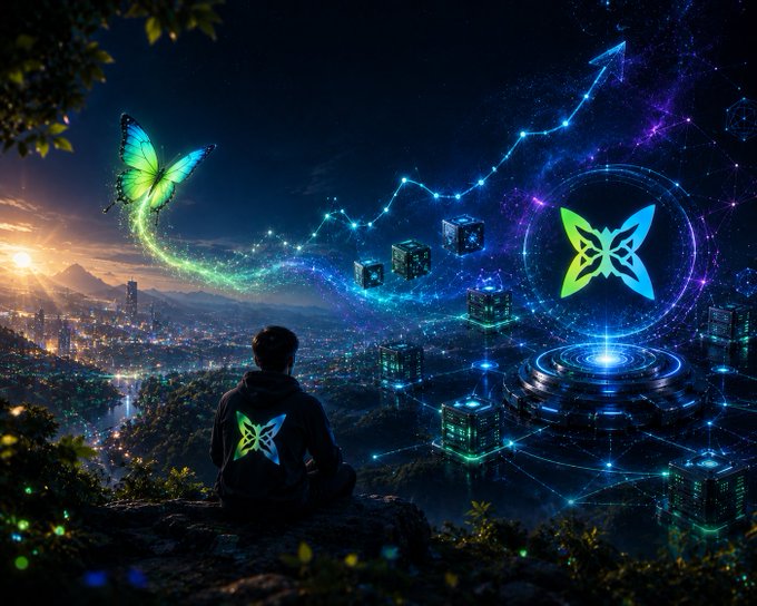 The image features a man sitting on a rock, looking at his phone screen with a butterfly flying behind him. The scene takes place outdoors during sunset or sunrise, creating a serene atmosphere. The man appears to be wearing a hoodie, possibly indicating that he is in an urban setting. The background of the photo includes buildings and trees, suggesting that it could be a cityscape. The image does not contain any text, but there are several objects present such as a phone, a rock, and some buildings.
