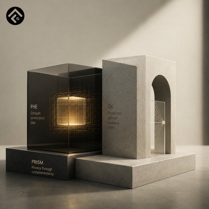 A 3D rendered image showing two sculptural objects representing privacy technologies: a glass cube labeled 'FHE - Compute on encrypted data' and a stone arch labeled 'ZK - Prove facts without revealing them', with a base labeled 'PRISM - Privacy through complementarity'.