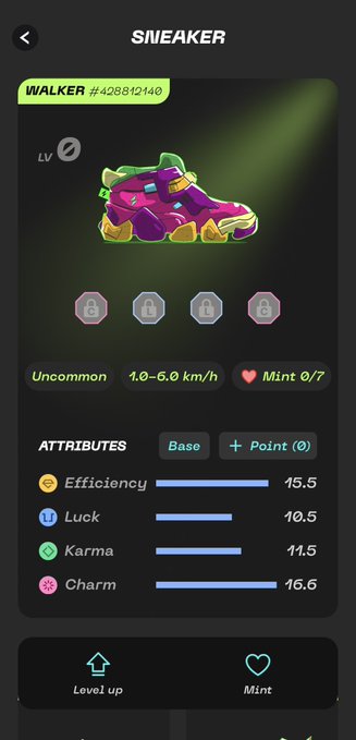 A mobile app screen displaying a 'SNEAKER' called 'WALKER #42812140' with attributes like Efficiency (15.5), Luck (10.5), Karma (11.5), and Charm (16.5).
