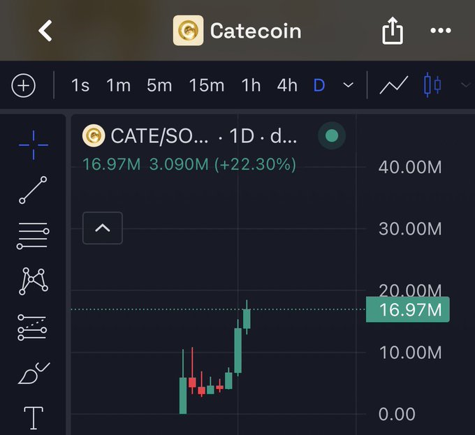 A TradingView chart for Catecoin (CATE/SOL) shows a 1D daily candle move up to 16.97M with a +22.30% gain, supporting the post's claim of an "impressive move" as the price consolidates after a strong recovery from lows, hinting at a potential next leg up.