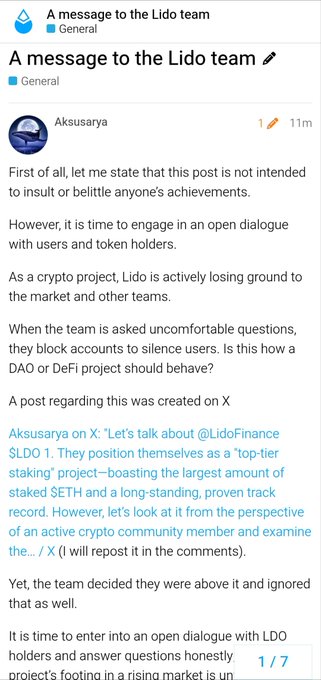 A Telegram message from user 'Akusarya' titled 'A message to the Lido team' criticizes the Lido project for allegedly ignoring community concerns and blocking accounts, calling for an open dialogue with $LDO holders.