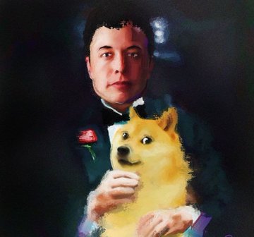 A painting-style image of Elon Musk wearing a tuxedo and holding a Shiba Inu dog adorned with a red rose.