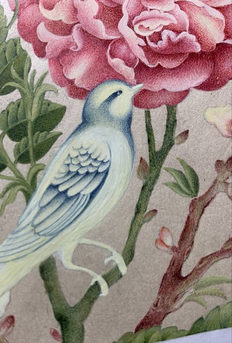 A detailed WIP (work-in-progress) artwork featuring a blue and white bird perched on a branch beside a vibrant pink peony, shared as a #nftcommunity good morning post showcasing the artist's craft.