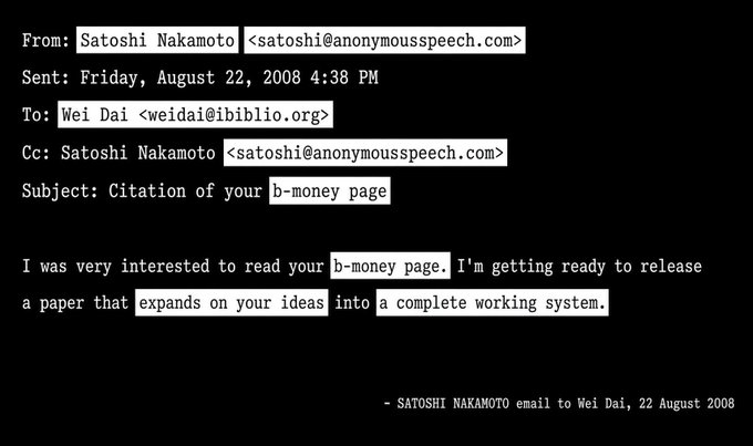 A highlighted excerpt of an August 22, 2008 email from Satoshi Nakamoto (satoshi@anonymouseech.com) to Wei Dai (weidai@ibiblio.org) with the subject "Citation of your b-money page," stating Satoshi's interest in Wei Dai's b-money concept and intention to expand it into a working system—widely regarded as the founding moment of Bitcoin. The image ties into the post's joke by showing that what began as simple cryptographic curiosity ("coming for the ticker") quickly evolved into a fervent ideological movement ("accidentally joined a religion").