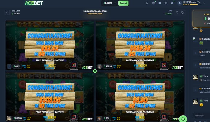 A screenshot of an AceBet online casino streaming session displays four "Congratulations! You Have Won" bonus screens showing $335.92, $399.38, $303.06, and $0.80 in free spin winnings from Big Bass Bonanza 1000 slots, celebrating the streamer's 24th birthday giveaway where viewers can comment their AceBet ID or ETH address for a chance to win a free $100.