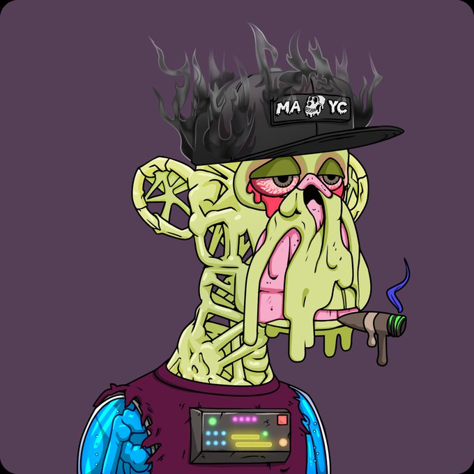 Another version of the grotesque cartoon character with a green skeletal head wearing a 'MA YC' cap and smoking, with a cyberpunk chest implant, set against a purple background.