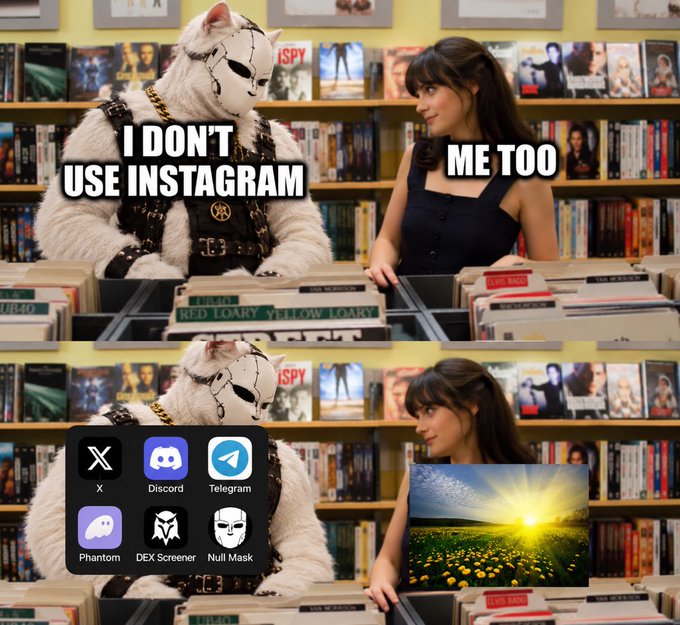 A two-panel meme shows a cat in a mask and a woman in a record store; the top panel reads 'I DON'T USE INSTAGRAM' and 'ME TOO', while the bottom panel shows the cat labeled with alternative apps like 'X', 'Discord', 'Phantom', and 'Null Mask'.