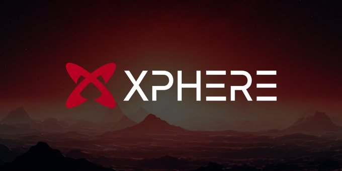 The image displays the "XPHERE" logo in white text alongside a red stylized "X" emblem, set against a dark, reddish-toned landscape with a glowing horizon, visually reinforcing the post's promotion of the Xphere project's Layer 1 blockchain platform.