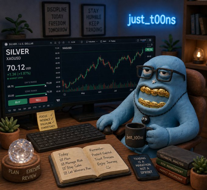 A blue animated figurine of a businessman, sitting at a desk with a computer monitor, keyboard, and mouse next to him. The figurine has big lips and is wearing a tie. In front of him, there are several books that appear to be used for work or reference. Behind the figurine, there are two potted plants - one on each side of the desk. A lamp can also be seen near the top right corner of the image. The image includes text elements related to trading and finance.
