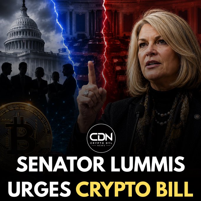 The image features Senator Lummis alongside the U.S. Capitol building, a Bitcoin, and silhouettes of figures, with the text "SENATOR LUMMIS URGES CRYPTO BILL" and a "CDN Crypto DVL News" logo, illustrating her push for cryptocurrency legislation.