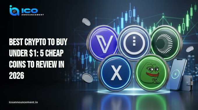 A graphic from 'ICO Announcement' titled 'BEST CRYPTO TO BUY UNDER $1: 5 CHEAP COINS TO REVIEW IN 2026' showing five stylized cryptocurrency coins over a candlestick chart background.
