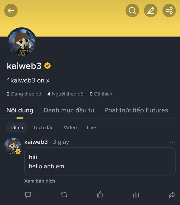 The image shows a Binance Square profile for user "kaiweb3" (1kaiweb3 on X) with 2 following, 4 followers, 0 likes, displaying their first post that simply says "hiii hello anh em!" in Vietnamese. The image is likely being used to show the user's empty/sparse Binance Square account as they request engagement and follows from the community.