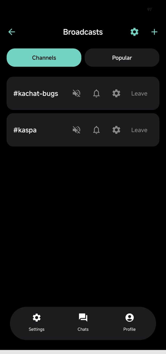 The image shows the "Broadcasts" section of a chat application, with tabs for "Channels" and "Popular." It displays two available channels: "#kachat-bugs" and "#kaspa."