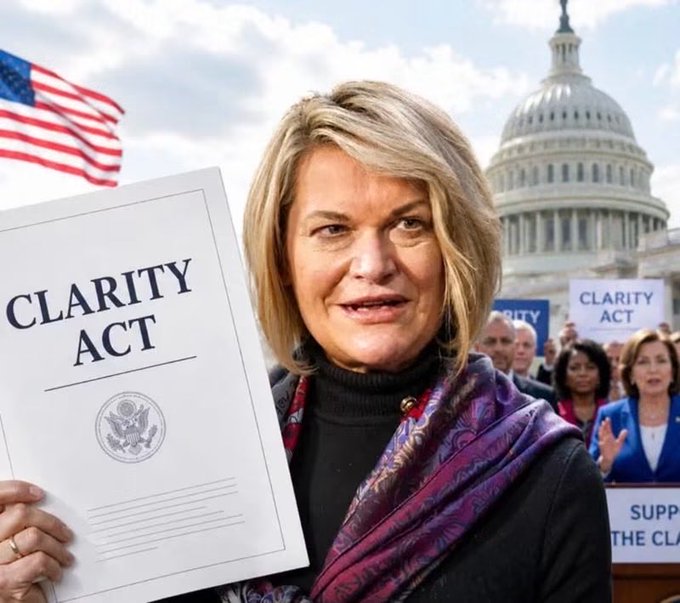 A woman holds up a document titled "CLARITY ACT" with the US Capitol and an American flag visible in the background, while supporters hold signs reading "CLARITY ACT" and "SUPPORT THE CLARITY."