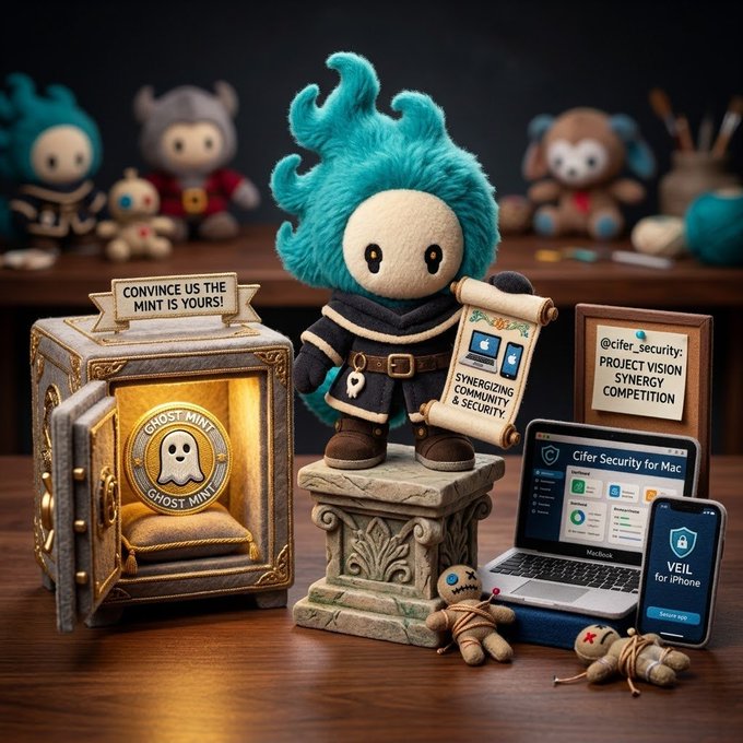 A creative display featuring a turquoise-haired plush mascot holding a scroll labeled 'SYNERGIZING COMMUNITY & SECURITY,' surrounded by a 'GHOST MINT' display case, Cifer Security VPN apps on a laptop and phone, and small voodoo doll figures.