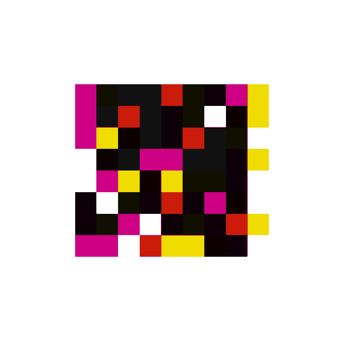 An abstract digital graphic composed of a square grid of colored blocks in magenta, black, red, yellow, and white, arranged in an irregular pixelated pattern on a light gray background.