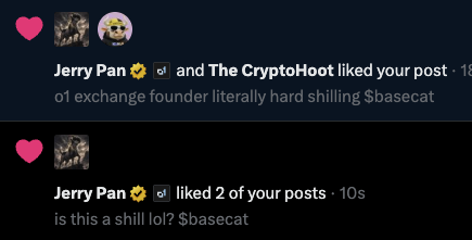 A Twitter notification screenshot shows user "Jerry Pan" (verified) along with "The CryptoHoot" liking a post criticizing "$o1 exchange founder," followed by Jerry Pan liking two more posts, one asking "is this a shill lol? $basecat." The image relates to the accompanying post by visually highlighting the suspicious activity where Jerry Pan appears to be promoting or engaging with $basecat content, prompting concerns about whether his account was hacked.