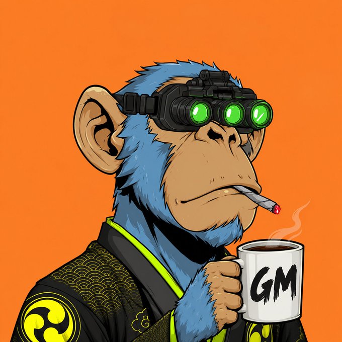 A digital illustration of a blue cartoon monkey wearing night-vision goggles, smoking a cigarette, and holding a white mug labeled "GM" against an orange background, wearing a dark garment with green accents.