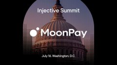 The image features an advertisement for a new payment system called MoonPay. The advertisement is displayed against a black background with a large image of the United States Capitol building in Washington D.C. The text "MoonPay" is prominently displayed, indicating that this is the name of the payment system being promoted. The website address "www.injective.com/INJ" is also visible, suggesting that users can access the payment system through their web browser.