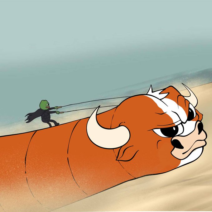 A small green frog in a wizard cloak rides atop a massive, determined-looking brown and white bull charging across a beach. The image humorously illustrates the "$MUMU" ticker, with the frog (a popular meme symbol) clinging on as the bullish figure charges forward, suggesting a dramatic and chaotic market rally.