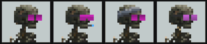 Four pixelated side-view sprites of a character, likely from a video game, showing minor animation differences between frames.