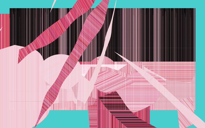 A glitchy, abstract digital artwork featuring fragmented pink and red organic shapes against a turquoise background with vertical black bands.